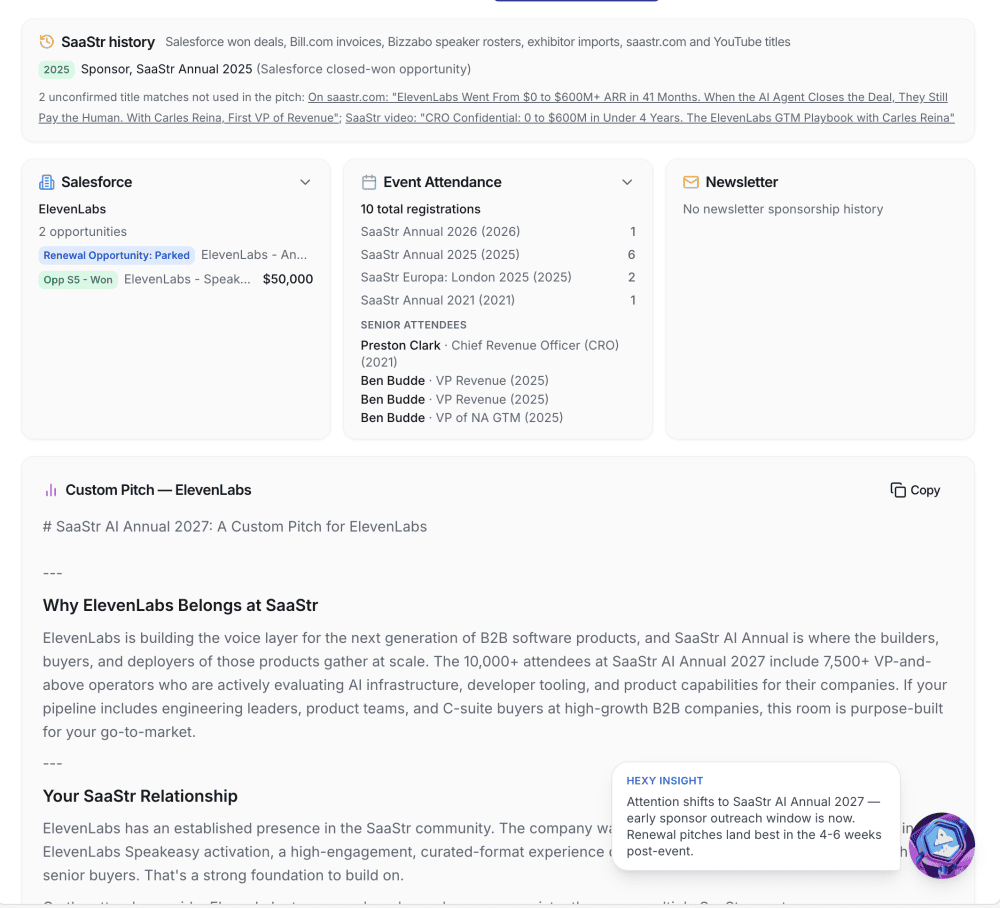 10K 的 Pitch Generator：Salesforce 历史、参会和 Newsletter 写进 ElevenLabs 的定制赞助方案